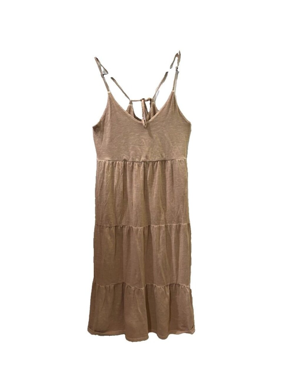 Old Navy beige tan  solid V-Neck strappy sleeveless midi A-Line dress cotton M